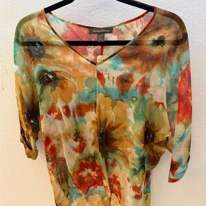 Tommy Bahama Multicolor Floral V-Neck Blouse — Turquoise, Coral, Golden, Brown